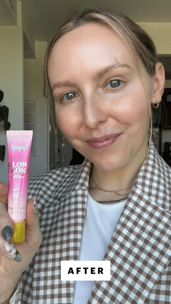 Kinonen after applying the Supergoop Glow Gloss SPF 40 Lip Balm