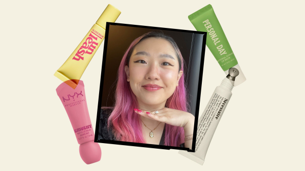A collage of an Allure editor wearing a tinted lip balm alongside other lip balm product silos on an offwhite background